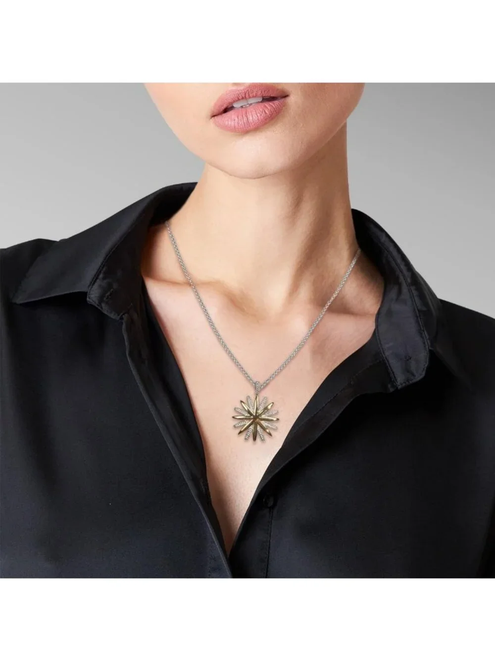 18K Gold Plated Two Tone Wheat Chain Necklace with Starburst Sunflower Pendant